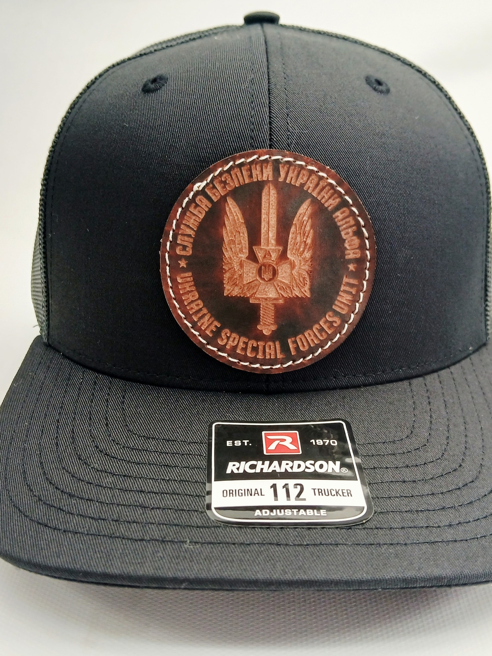 Richardson Black Trucker Hat with Brown Special Forces Leather Patch